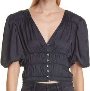 Frame Black Juilianne Puff Sleeve Crop Plunge Neck Blouse